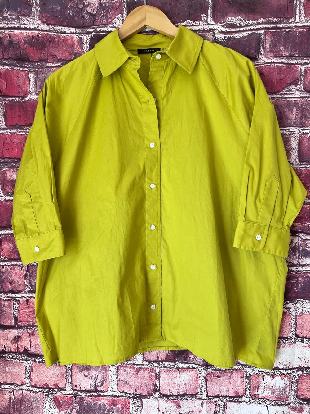 Natori Cotton Poplin Oversized 3/4 Sleeve Button Down Shirt
